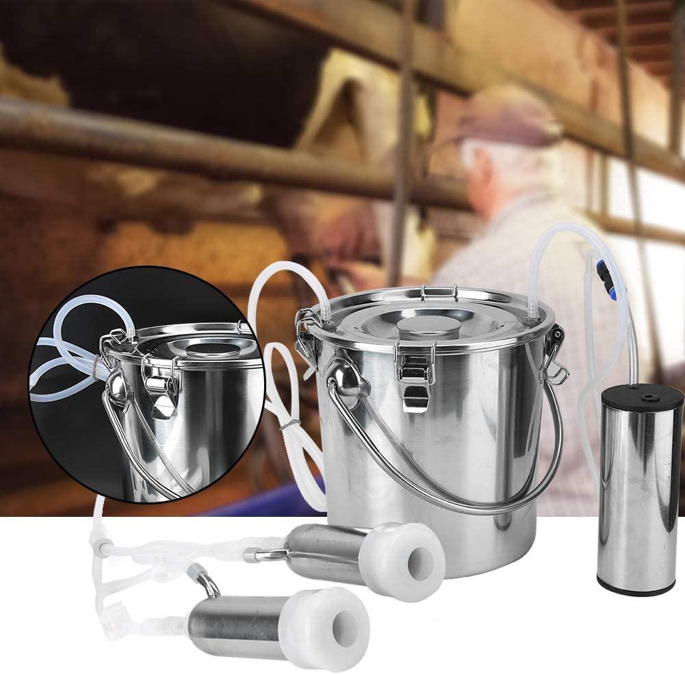 electric milking machine, portable automatic pulsation vacuum pump milker with 5l stainless steel bucket &amp; 2 teat cups, food grade cow and goat milking machine for farm, livestock use(for cow #1)