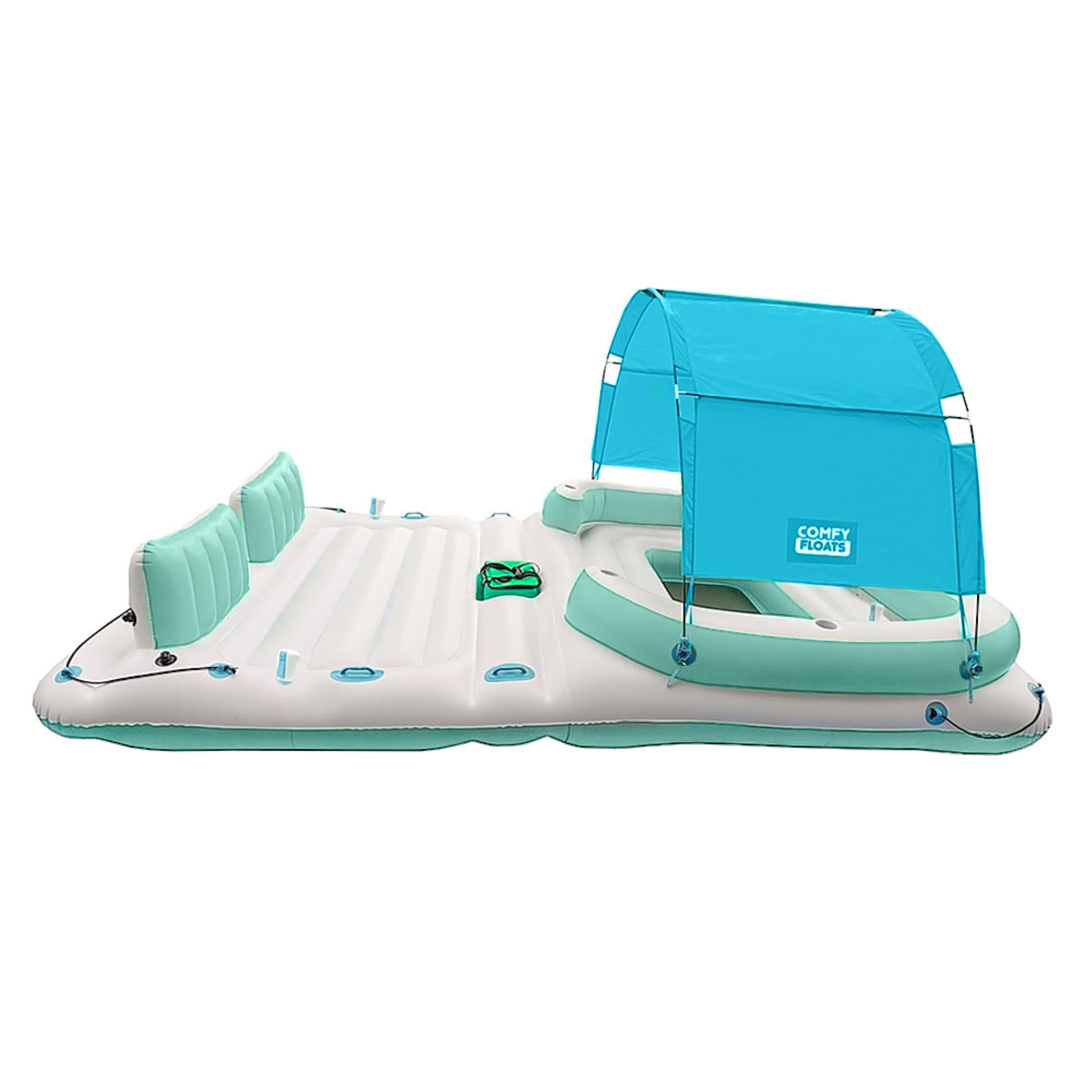 Comfy Floats 91464VM 13 Foot Misting Party Platform Inflatable Summer Float for Pool, Lake, River Fits 6 People, White/Aqua Blue