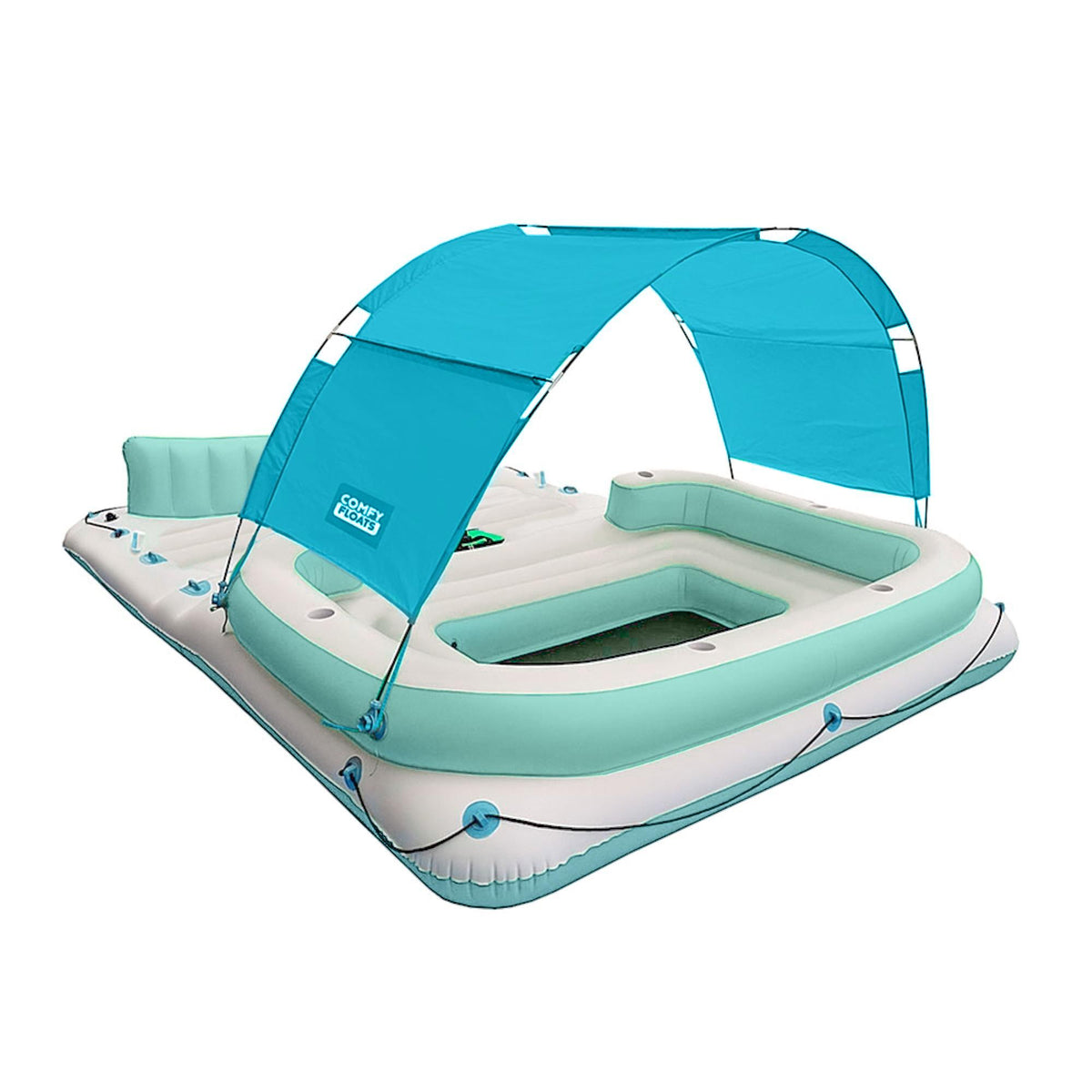 Comfy Floats 91464VM 13 Foot Misting Party Platform Inflatable Summer Float for Pool, Lake, River Fits 6 People, White/Aqua Blue