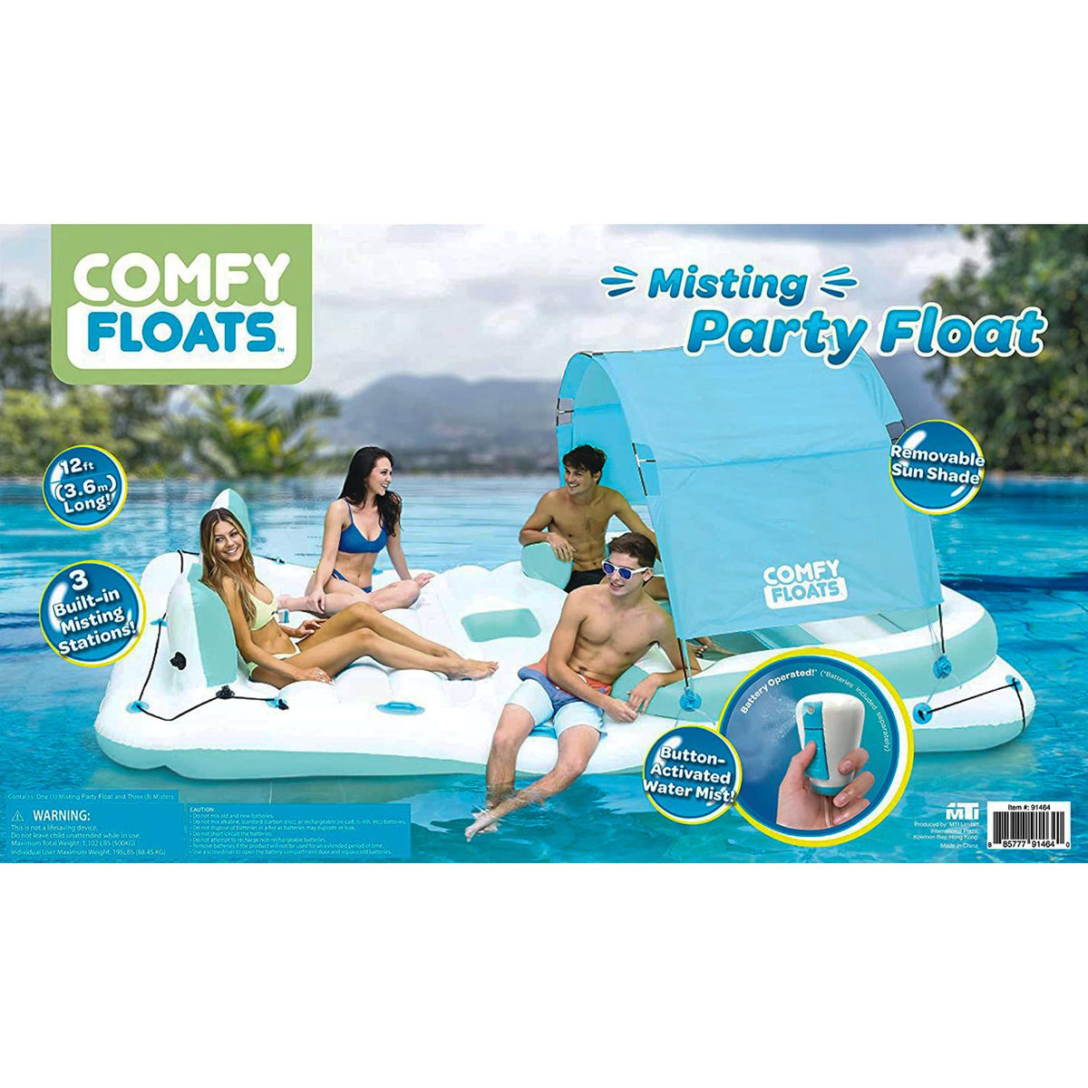 Comfy Floats 91464VM 13 Foot Misting Party Platform Inflatable Summer Float for Pool, Lake, River Fits 6 People, White/Aqua Blue