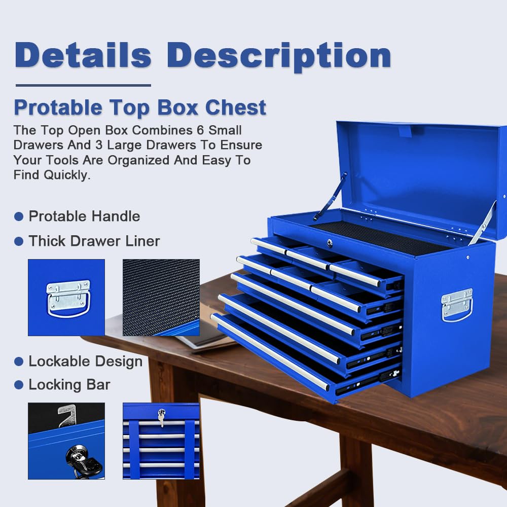 13-Drawer Rolling Tool Chest, 2 in 1 Detachable Metal Tool Cabinet with Lock & Wheels, Heavy-Duty Tool StoraOrganizer for Garage, Workshop, Auto Repair & Home(Blue)