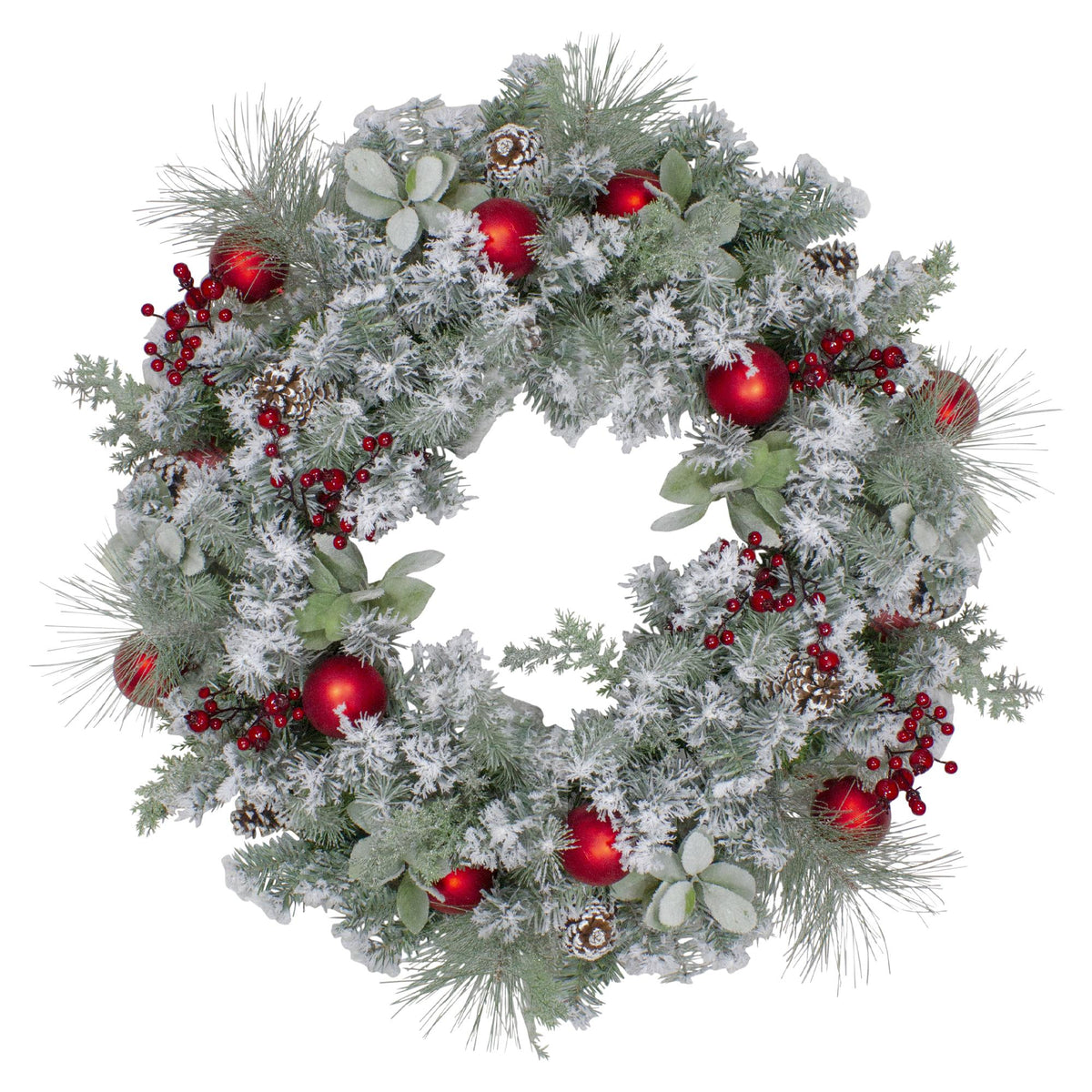 Flocked Artificial Mixed Pine and Red Ball and Berries Christmas Wreath, 40-Inch, Unlit