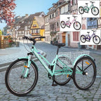 24"/26" Adult Mountain Tricycle, 7 Speed 3 Wheel Cruiser Bicycle, Cyan Exercise Women's Trike, Rear StoraBasket