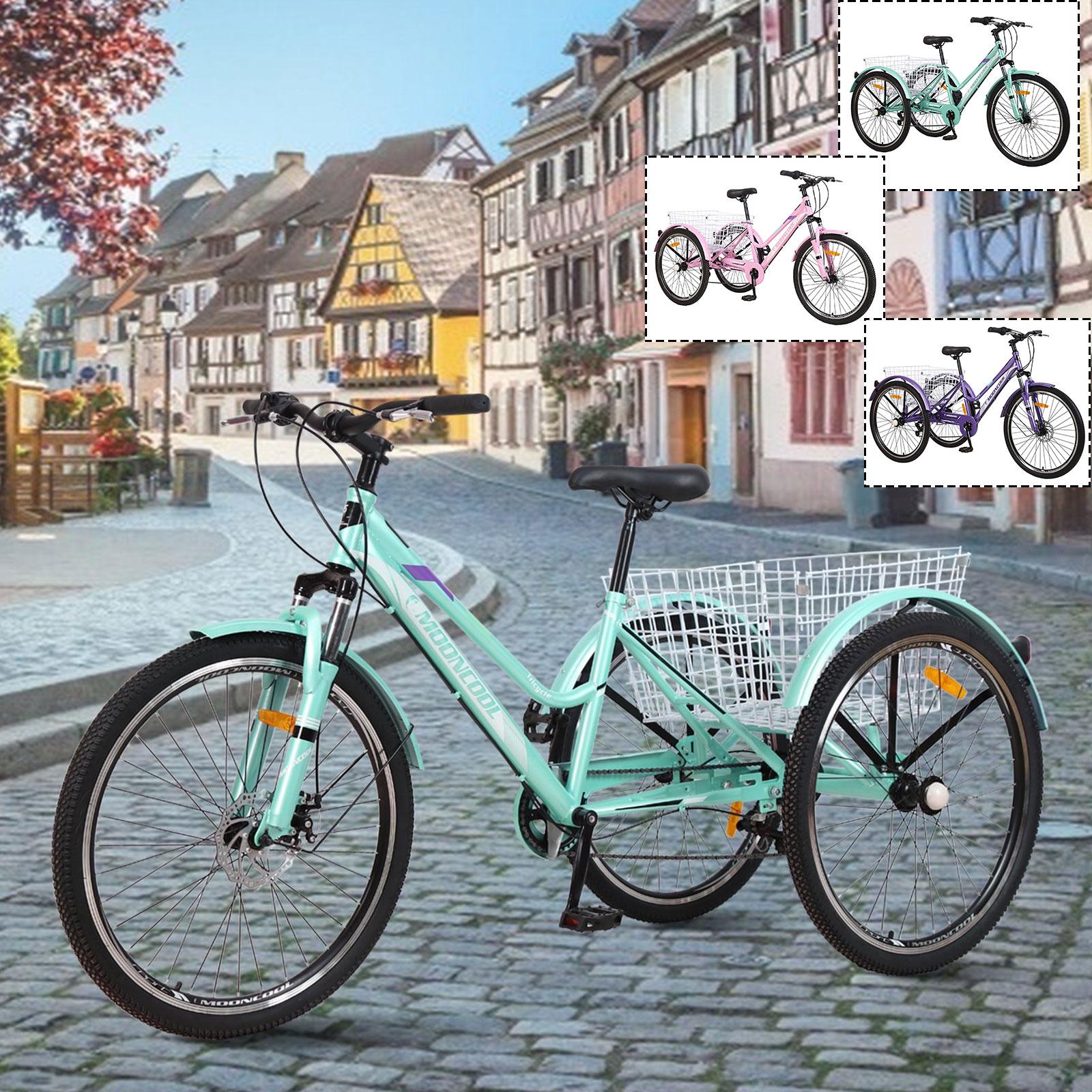 24"/26" Adult Mountain Tricycle, 7 Speed 3 Wheel Cruiser Bicycle, Cyan Exercise Women's Trike, Rear StoraBasket