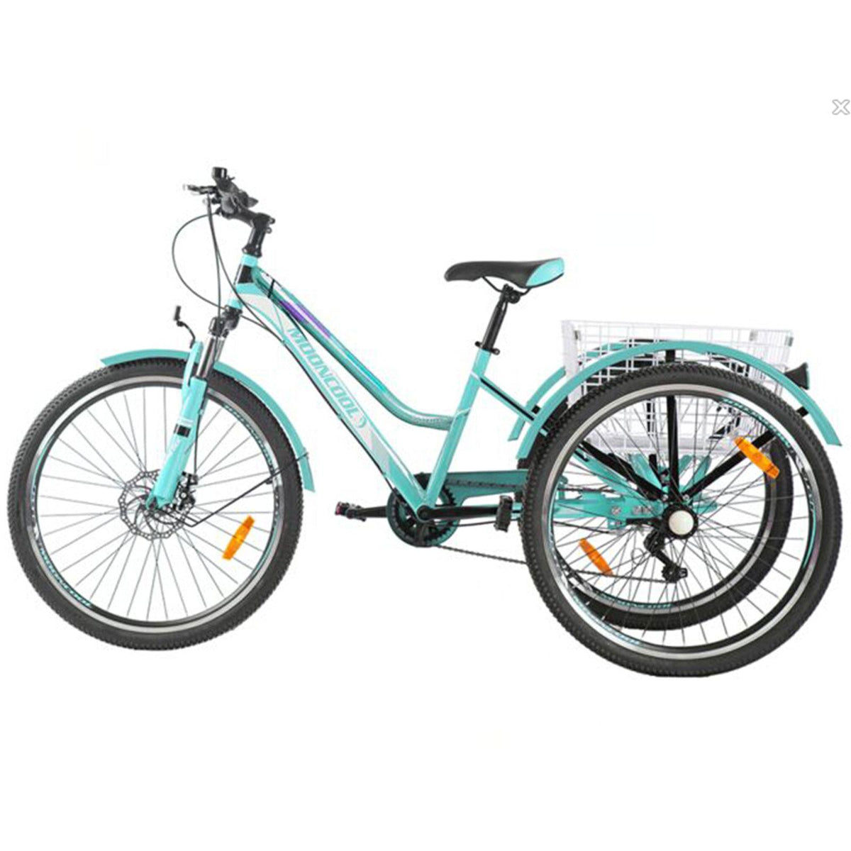 24"/26" Adult Mountain Tricycle, 7 Speed 3 Wheel Cruiser Bicycle, Cyan Exercise Women's Trike, Rear StoraBasket