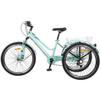 24"/26" Adult Mountain Tricycle, 7 Speed 3 Wheel Cruiser Bicycle, Cyan Exercise Women's Trike, Rear StoraBasket