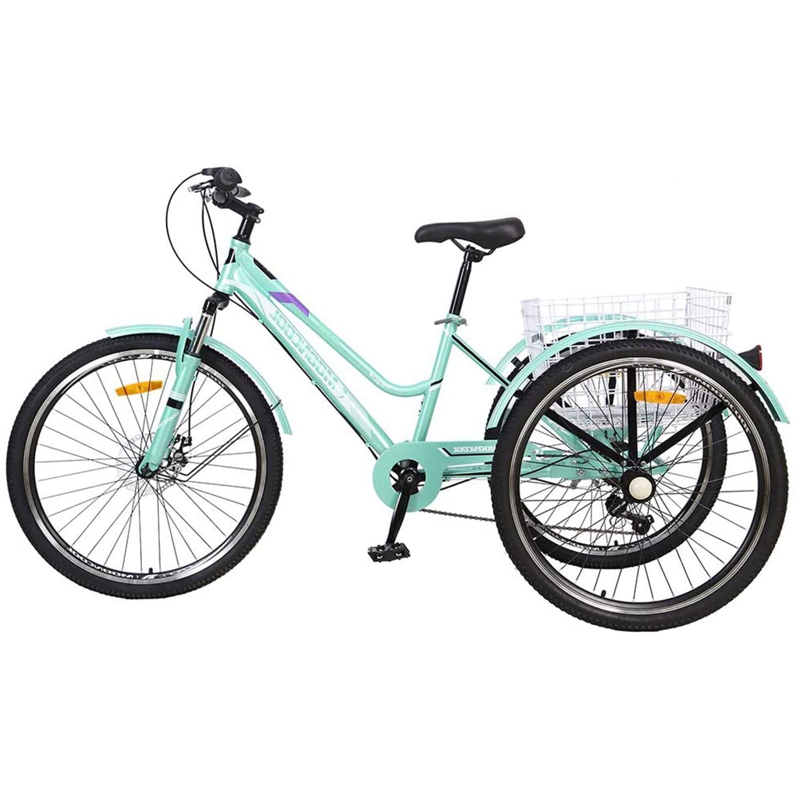 24"/26" Adult Mountain Tricycle, 7 Speed 3 Wheel Cruiser Bicycle, Cyan Exercise Women's Trike, Rear StoraBasket