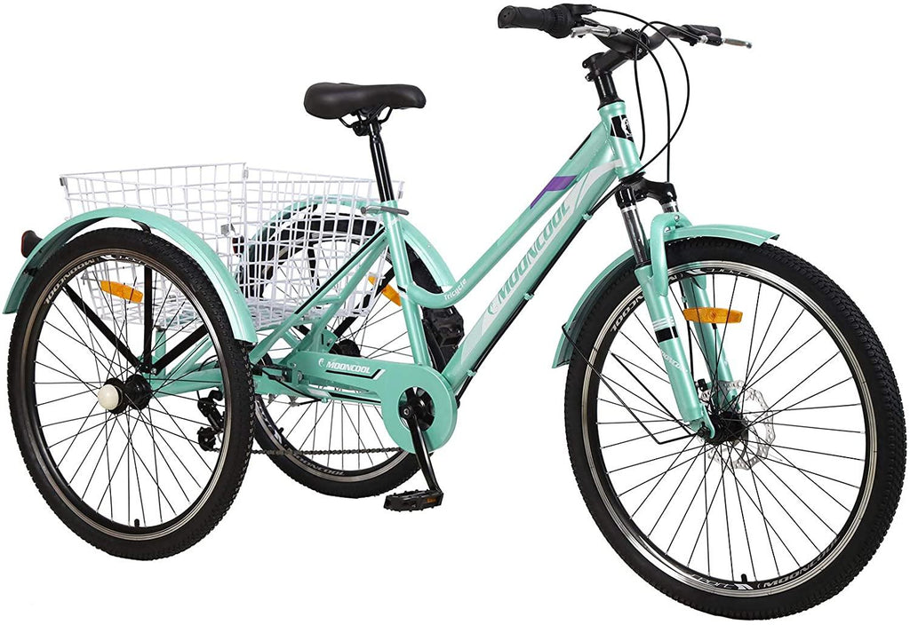 24"/26" Adult Mountain Tricycle, 7 Speed 3 Wheel Cruiser Bicycle, Cyan Exercise Women's Trike, Rear StoraBasket
