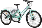 24"/26" Adult Mountain Tricycle, 7 Speed 3 Wheel Cruiser Bicycle, Cyan Exercise Women's Trike, Rear StoraBasket