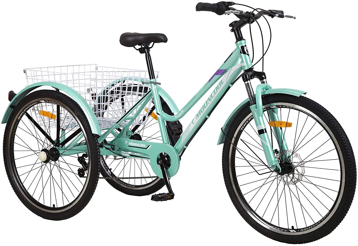 24"/26" Adult Mountain Tricycle, 7 Speed 3 Wheel Cruiser Bicycle, Cyan Exercise Women's Trike, Rear StoraBasket