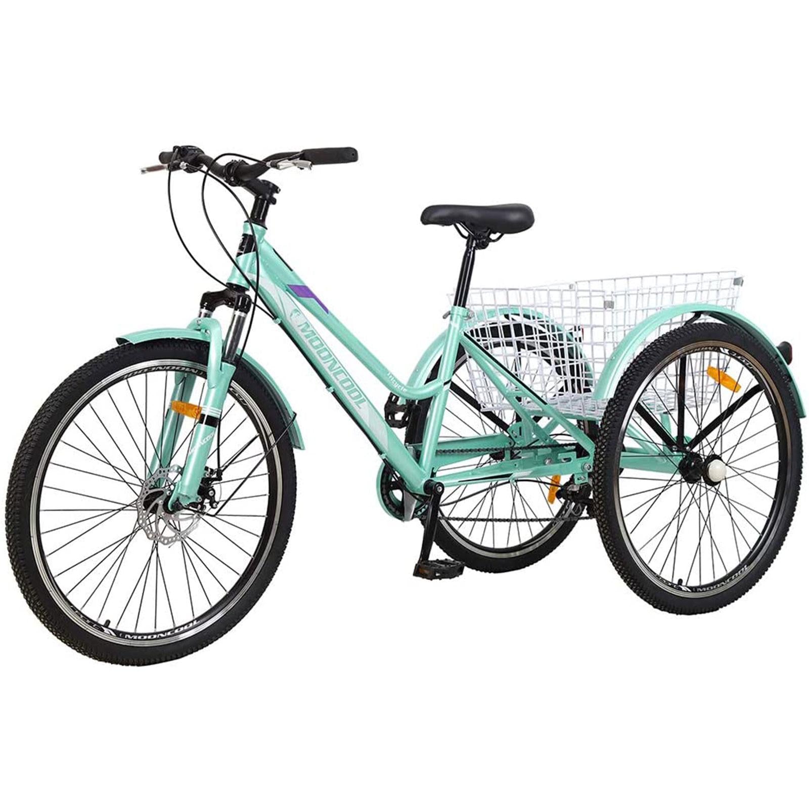 24"/26" Adult Mountain Tricycle, 7 Speed 3 Wheel Cruiser Bicycle, Cyan Exercise Women's Trike, Rear StoraBasket