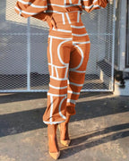 geo print puff lantern sleeve top &amp; high waist pants set