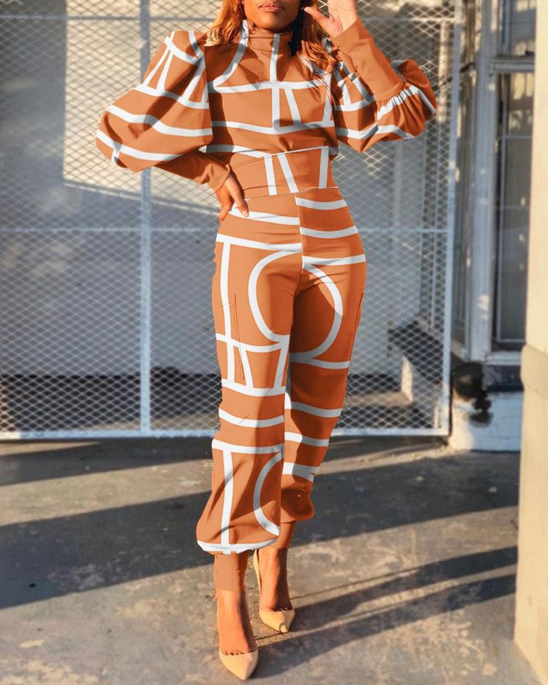 geo print puff lantern sleeve top &amp; high waist pants set