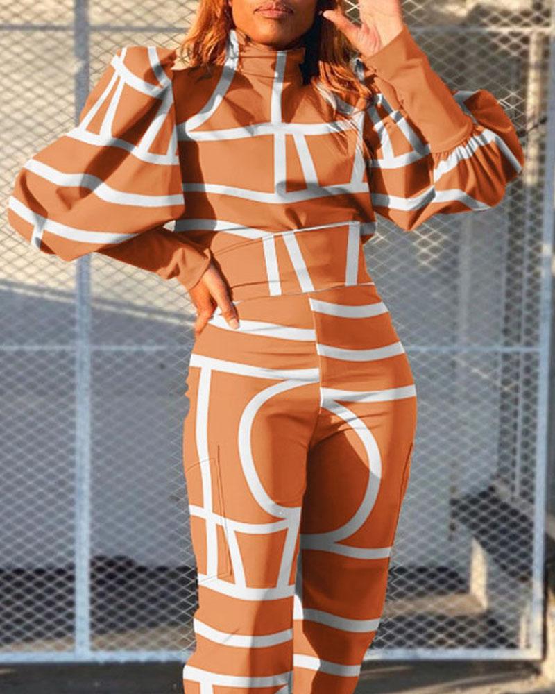 geo print puff lantern sleeve top &amp; high waist pants set