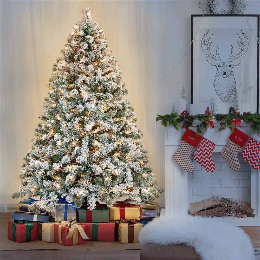 6/7.5/9ft Pre-Lighted Artificial Christmas Xmas Tree w/ Warm Lights, Green/White