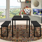 Small Dining Table Set for 4, 3 Pieces Farmhouse Kitchen Table Set with Two Benches, Modern Dining Room Set with Metal Frame and MDF Board, Black Dining Furniture Set for Home, Cafeteria, LL324