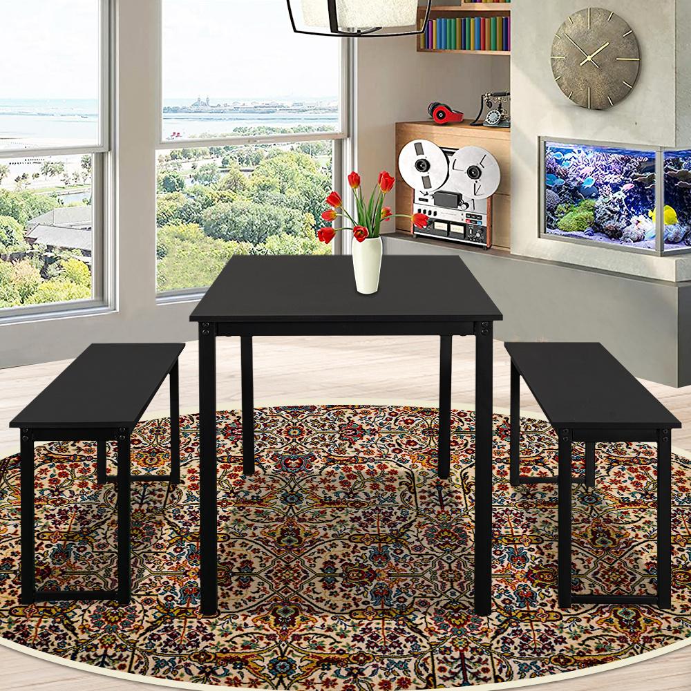 Small Dining Table Set for 4, 3 Pieces Farmhouse Kitchen Table Set with Two Benches, Modern Dining Room Set with Metal Frame and MDF Board, Black Dining Furniture Set for Home, Cafeteria, LL324