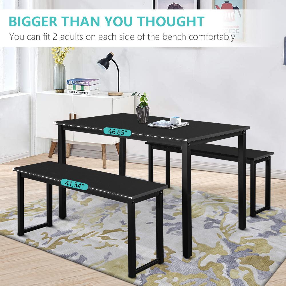 Small Dining Table Set for 4, 3 Pieces Farmhouse Kitchen Table Set with Two Benches, Modern Dining Room Set with Metal Frame and MDF Board, Black Dining Furniture Set for Home, Cafeteria, LL324