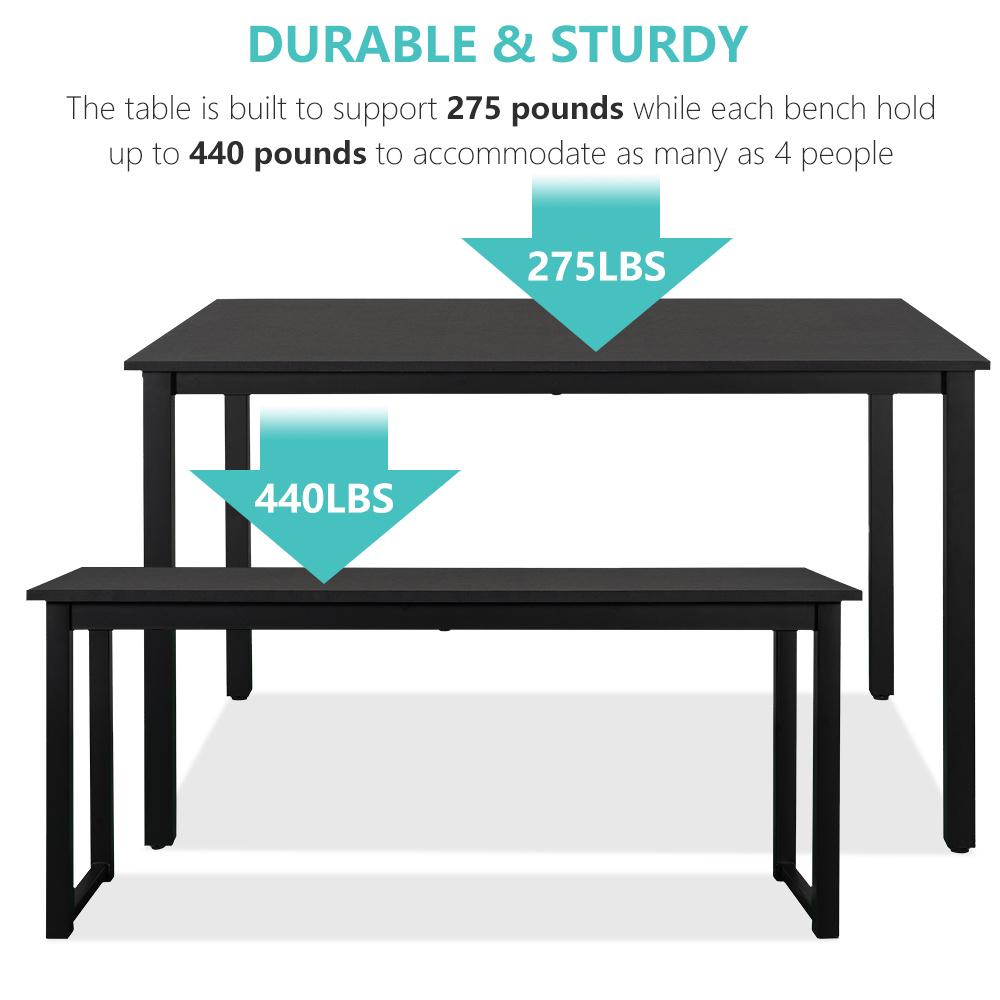 Small Dining Table Set for 4, 3 Pieces Farmhouse Kitchen Table Set with Two Benches, Modern Dining Room Set with Metal Frame and MDF Board, Black Dining Furniture Set for Home, Cafeteria, LL324