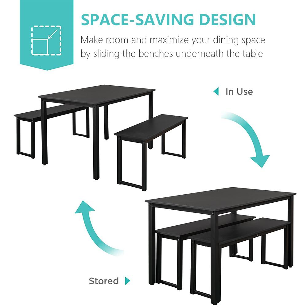 Small Dining Table Set for 4, 3 Pieces Farmhouse Kitchen Table Set with Two Benches, Modern Dining Room Set with Metal Frame and MDF Board, Black Dining Furniture Set for Home, Cafeteria, LL324