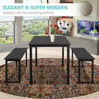 Small Dining Table Set for 4, 3 Pieces Farmhouse Kitchen Table Set with Two Benches, Modern Dining Room Set with Metal Frame and MDF Board, Black Dining Furniture Set for Home, Cafeteria, LL324