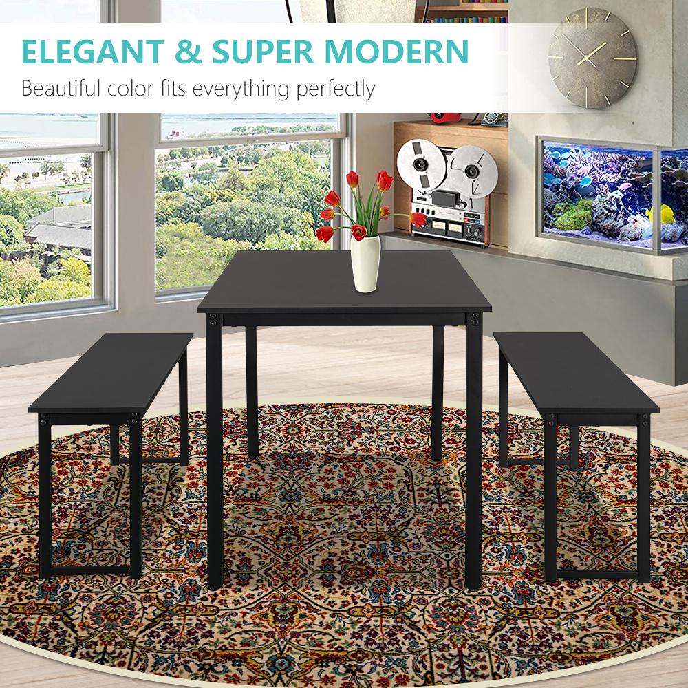 Small Dining Table Set for 4, 3 Pieces Farmhouse Kitchen Table Set with Two Benches, Modern Dining Room Set with Metal Frame and MDF Board, Black Dining Furniture Set for Home, Cafeteria, LL324