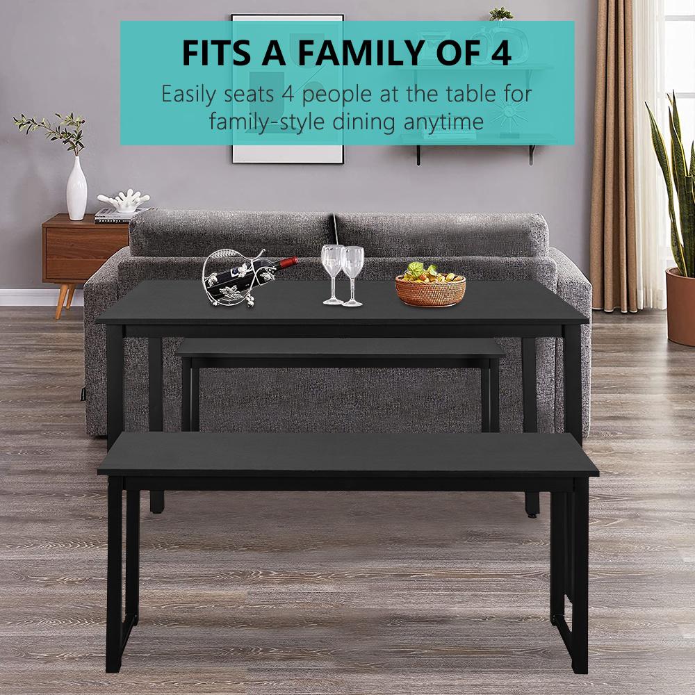 Small Dining Table Set for 4, 3 Pieces Farmhouse Kitchen Table Set with Two Benches, Modern Dining Room Set with Metal Frame and MDF Board, Black Dining Furniture Set for Home, Cafeteria, LL324