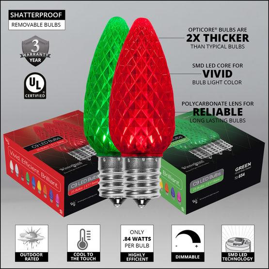 OptiCore C9 Red and Green Christmas Lights, LED String Lights with Shatterproof Christmas Bulbs, 50 Lights, 50ft