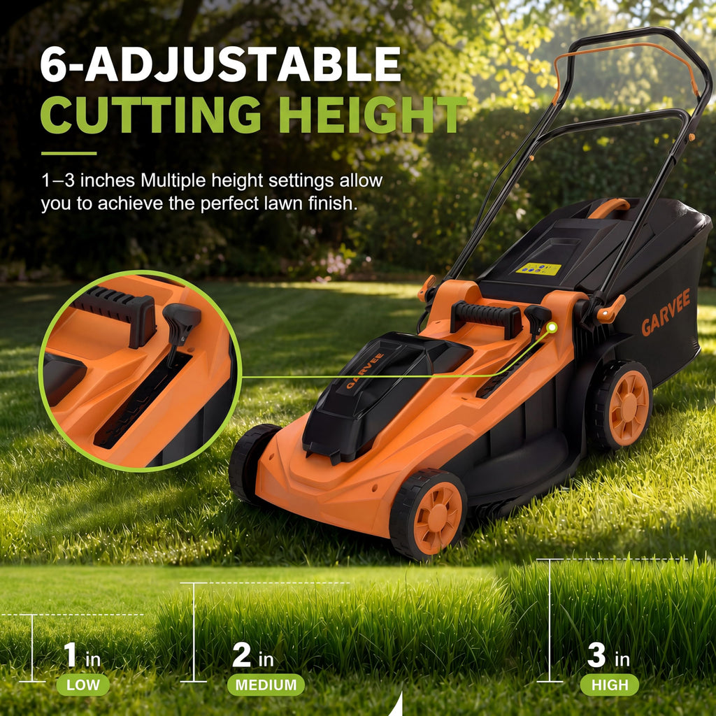 Cordless Lawn Mower, 17-Inch Battery Powered Electric Push Mower, 2-in-1 Mulching &amp; Bagging, 6 Cutting Heights, 40L Grass Bag, Lightweight Walk-Behind Mower for Small to Medium Yards, Orange