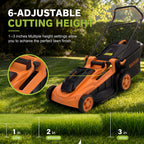 Cordless Lawn Mower, 17-Inch Battery Powered Electric Push Mower, 2-in-1 Mulching &amp; Bagging, 6 Cutting Heights, 40L Grass Bag, Lightweight Walk-Behind Mower for Small to Medium Yards, Orange