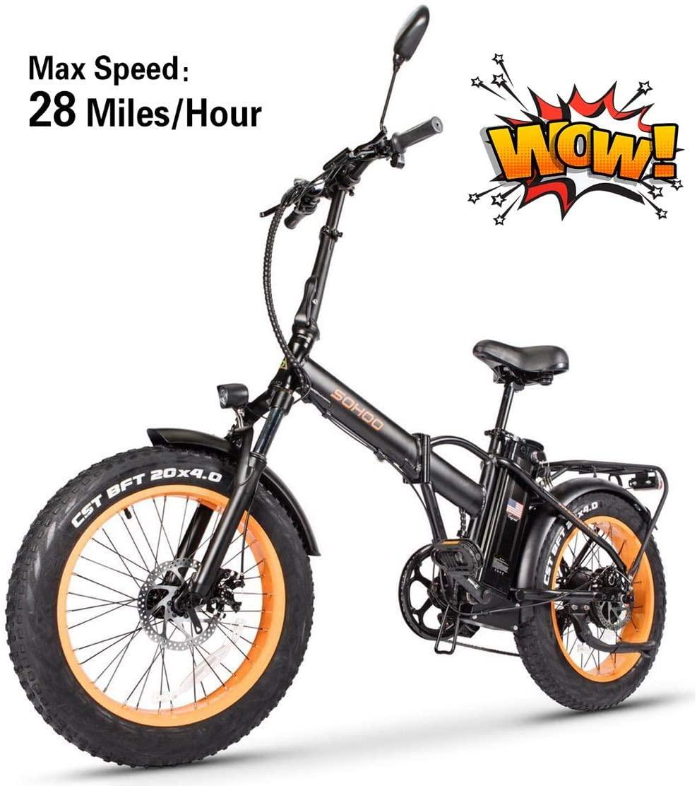 SOHOO 48V500W13AH 20" x4.0 Folding Fat Tire Snow E-Bike Mountain Electric Bicycle Beach Cruiser Foldable Bike