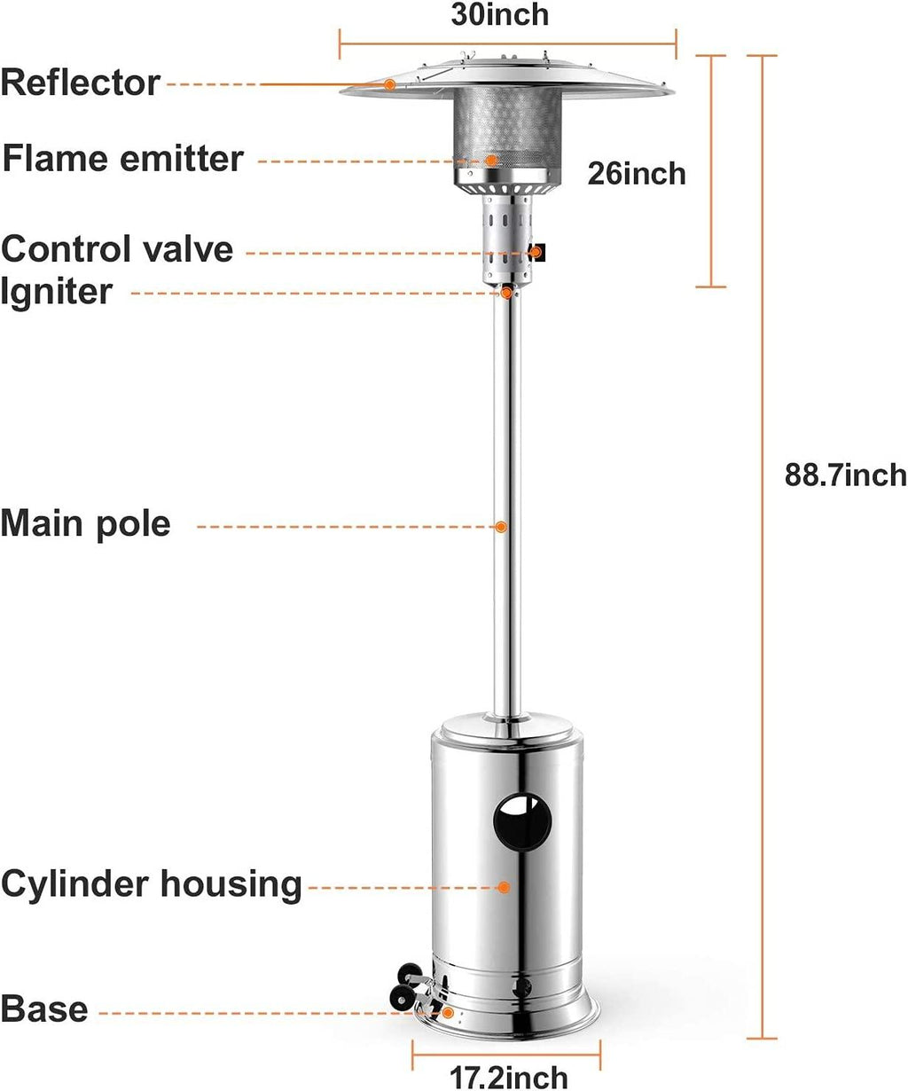 48000 BTU Outdoor Patio Propane Heater, 88in Tall Umbrella Outside Space Gas Heater with Wheels, Standing Tainless Steel Patio Floor Air Heater, for Commercial, Residential, Garden, Porch, Party, Deck
