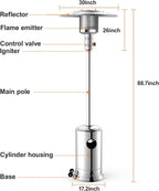 48000 BTU Outdoor Patio Propane Heater, 88in Tall Umbrella Outside Space Gas Heater with Wheels, Standing Tainless Steel Patio Floor Air Heater, for Commercial, Residential, Garden, Porch, Party, Deck