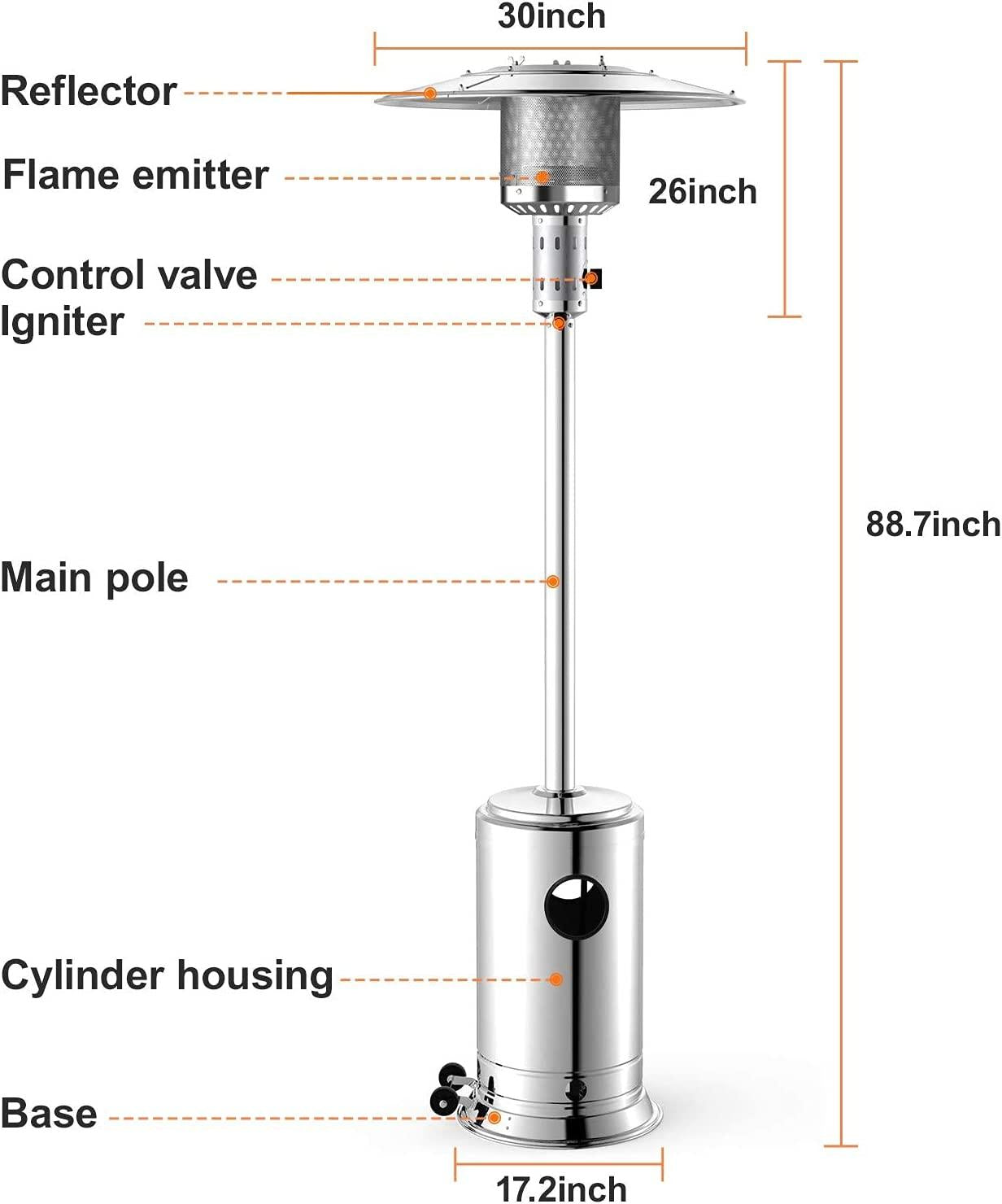 48000 BTU Outdoor Patio Propane Heater, 88in Tall Umbrella Outside Space Gas Heater with Wheels, Standing Tainless Steel Patio Floor Air Heater, for Commercial, Residential, Garden, Porch, Party, Deck