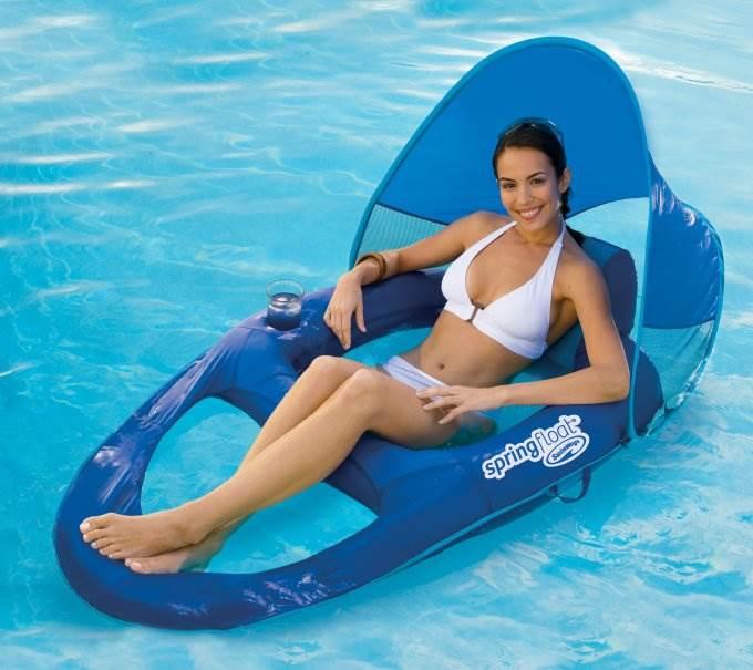 SwimWays Spring Float Recliner Pool Lounge Chair w/ Sun Canopy, Blue (6 Pack)