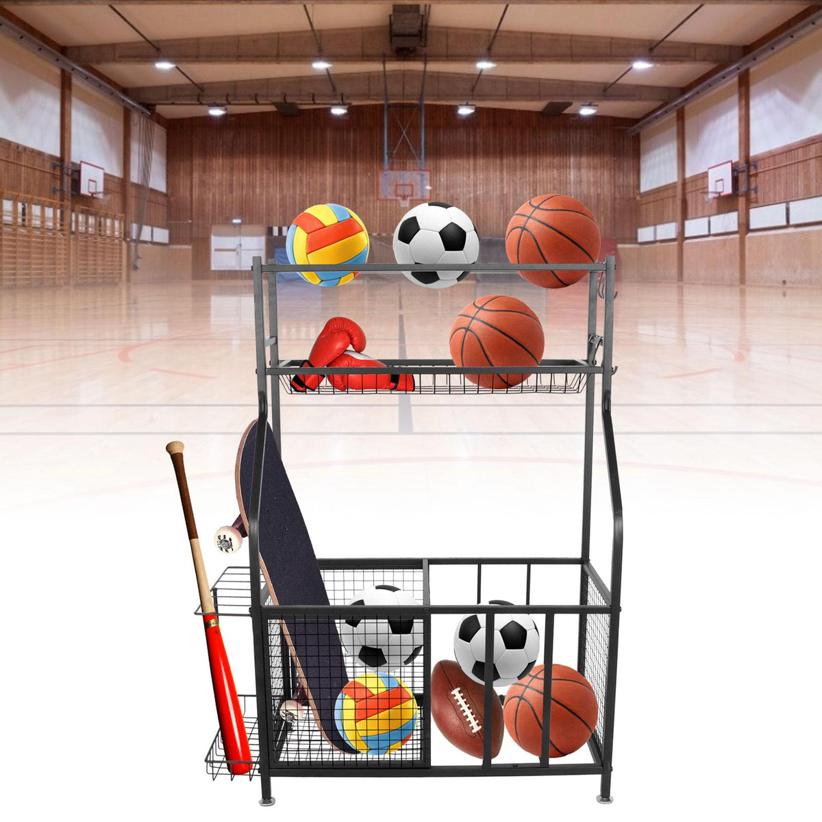 CHICIRIS GaraSports Equipment Organizer with Hooks, Balls StoraRack, GaraBalls Storage, Sport Gear GaraStoraRack with Baskets for Balls, Rackets, Workout Gear, Yoga Mats,Toys Black