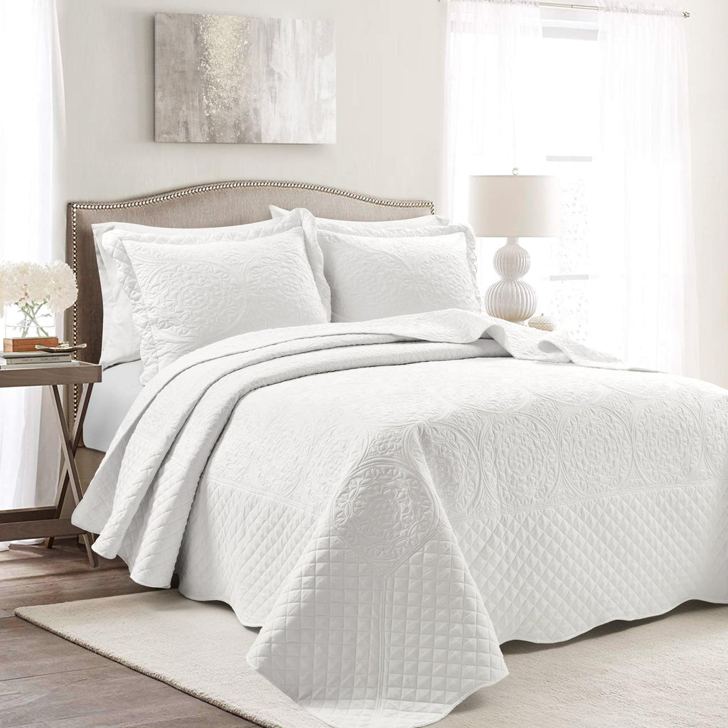 Medallion Scallop Bedspread White 3Pc Set Queen