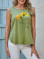 Womens Floral Print Round Neck Sleeveless T-shirt
