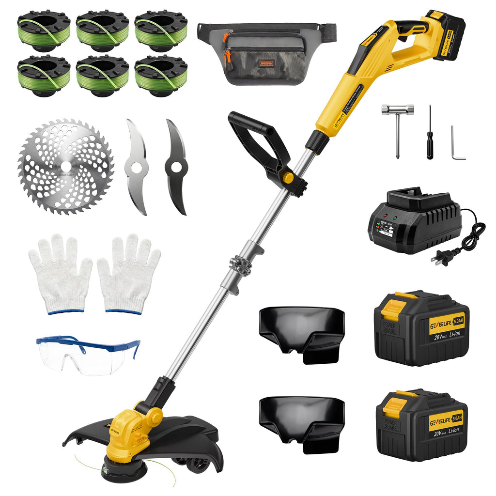 Brushless Electric Weed Wacker String Trimmer, 20V Cordless Weed Eater and Edger, 15" Cutting Width with 2 * 5.0Ah Battery Powered Brush Cutter, 4 in 1 Lawn Mower, Eco Friendly Grass Cutter