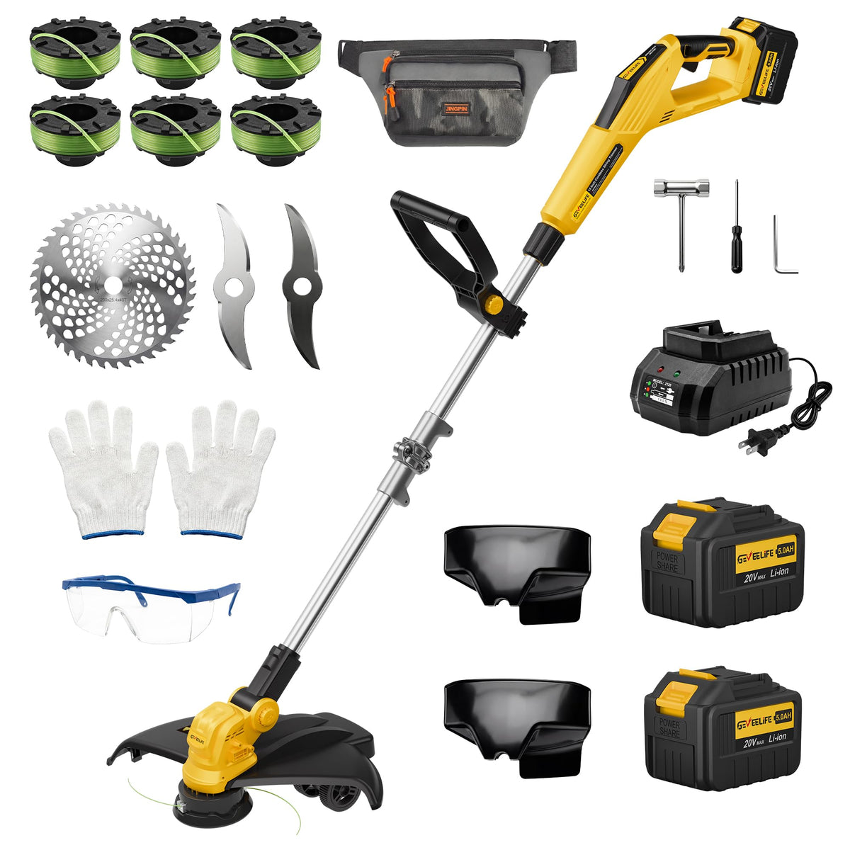Brushless Electric Weed Wacker String Trimmer, 20V Cordless Weed Eater and Edger, 15" Cutting Width with 2 * 5.0Ah Battery Powered Brush Cutter, 4 in 1 Lawn Mower, Eco Friendly Grass Cutter
