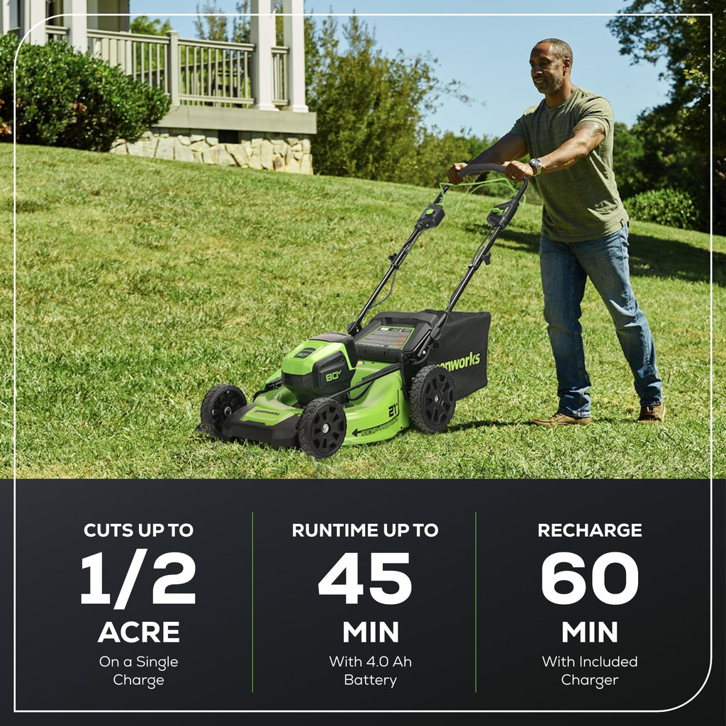 80V 21" Brushless Cordless (Self-Propelled) Lawn Mower (75+ Compatible Tools), 4.0Ah Battery and 60 Minute Rapid Charger Included