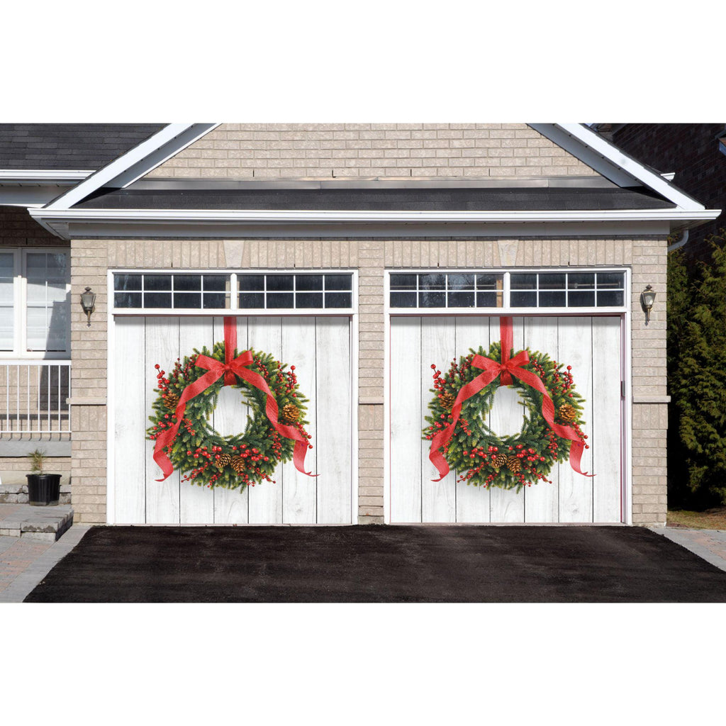7' x 8' Green and Red Christmas Wreath Split Car Garage Door Banner