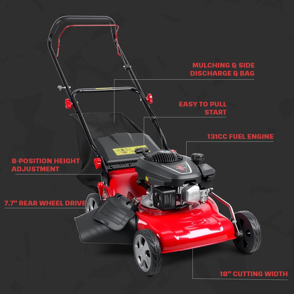 131cc Foldable Gas Lawn Mower, Self-Propelled Rear-Wheel Drive, 18 Inch Cutting Width, 50L Grass Bag, 3-in-1 Mulching/Side Discharge/Rear-Bagging, Lightweight Push-Button Start Mower
