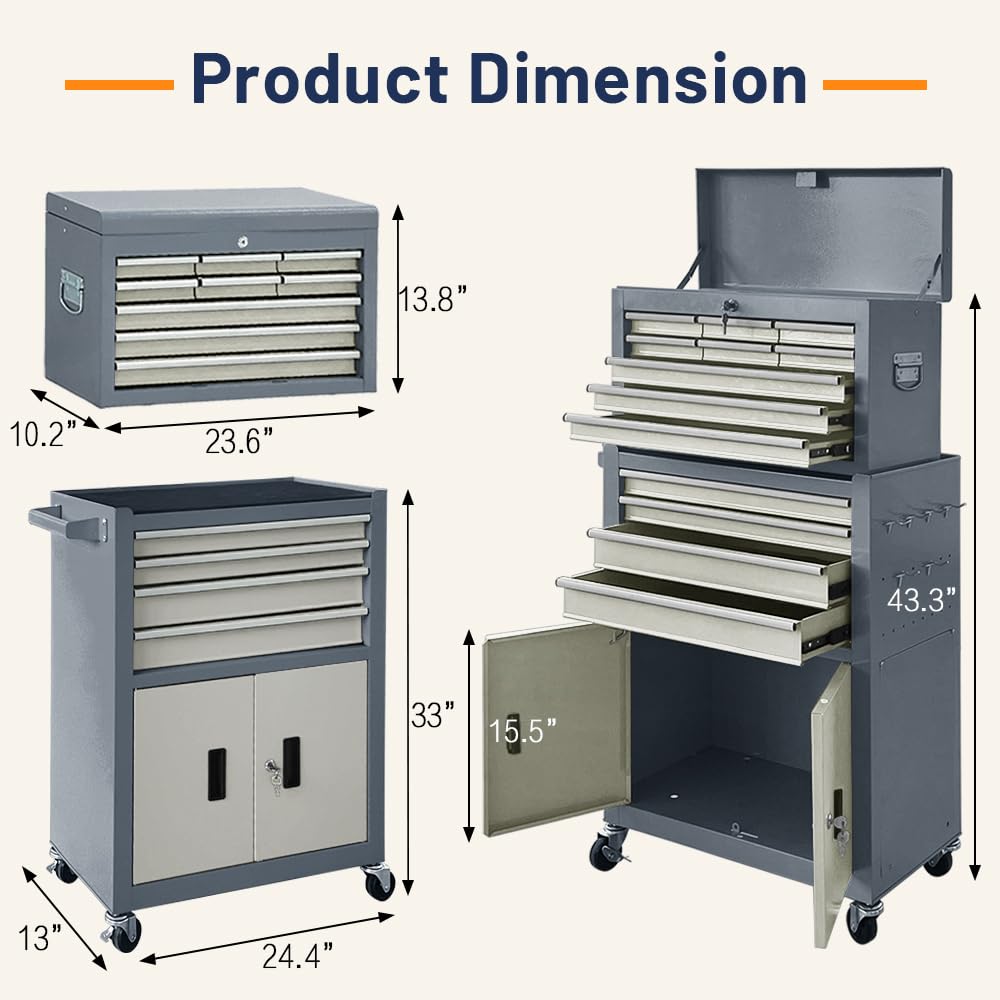 13-Drawer Double Door Rolling Tool Chest, 2 in 1 Detachable Tool Chest,Tool Box with Drawers and Wheels, LarTool Cabinet with Lock, Metal Standing Toolbox for GaraWorkshop-Gray&White