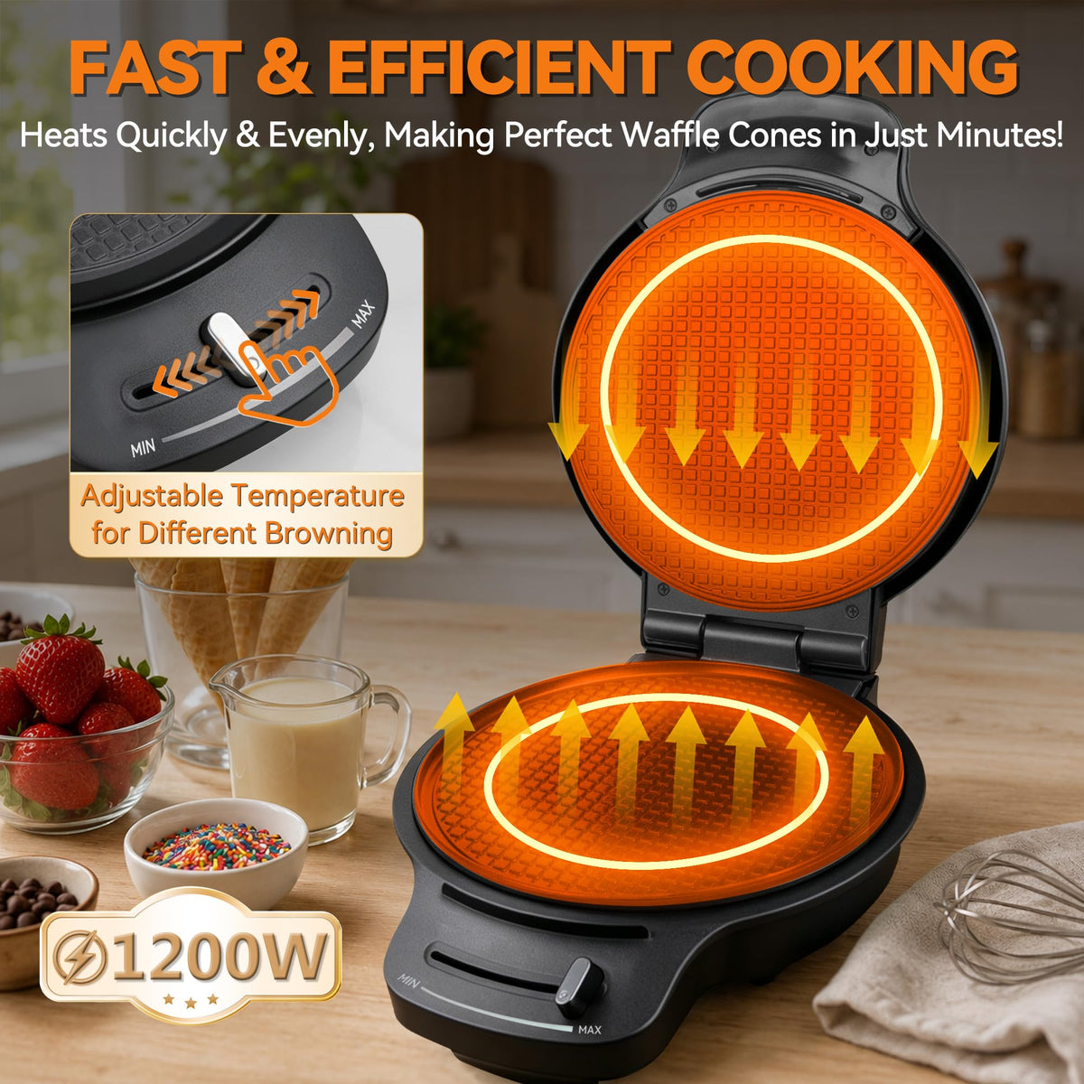 Waffle Cone Maker Machine with Browning Control, 7.5” Ice Cream Cone Maker, Cone Roller & Bowl Press Included,Thin Waffle Maker Crispy, Nonstick Waffle Bowl Maker,Graphite
