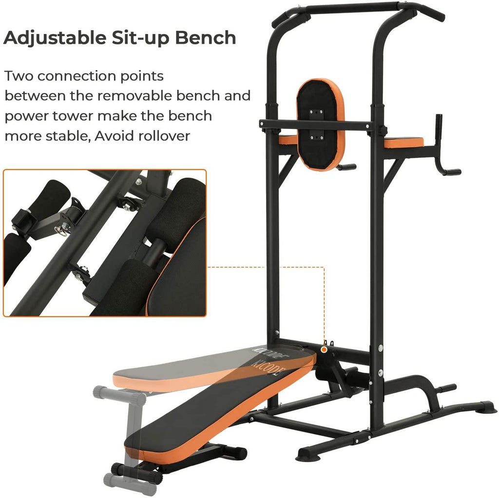 Kicode Power Tower with Bench Pull Up Bar Dip Station, Home Gym Exercise Tower Stand, Strength Training Multi-Function Fitness Equipment