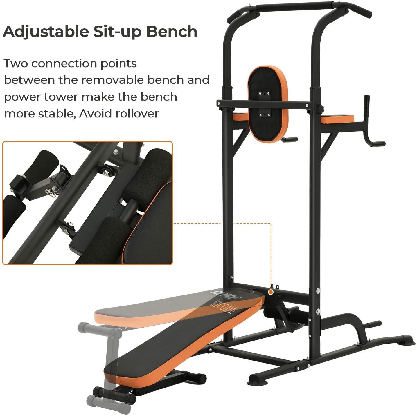 Kicode Power Tower with Bench Pull Up Bar Dip Station, Home Gym Exercise Tower Stand, Strength Training Multi-Function Fitness Equipment