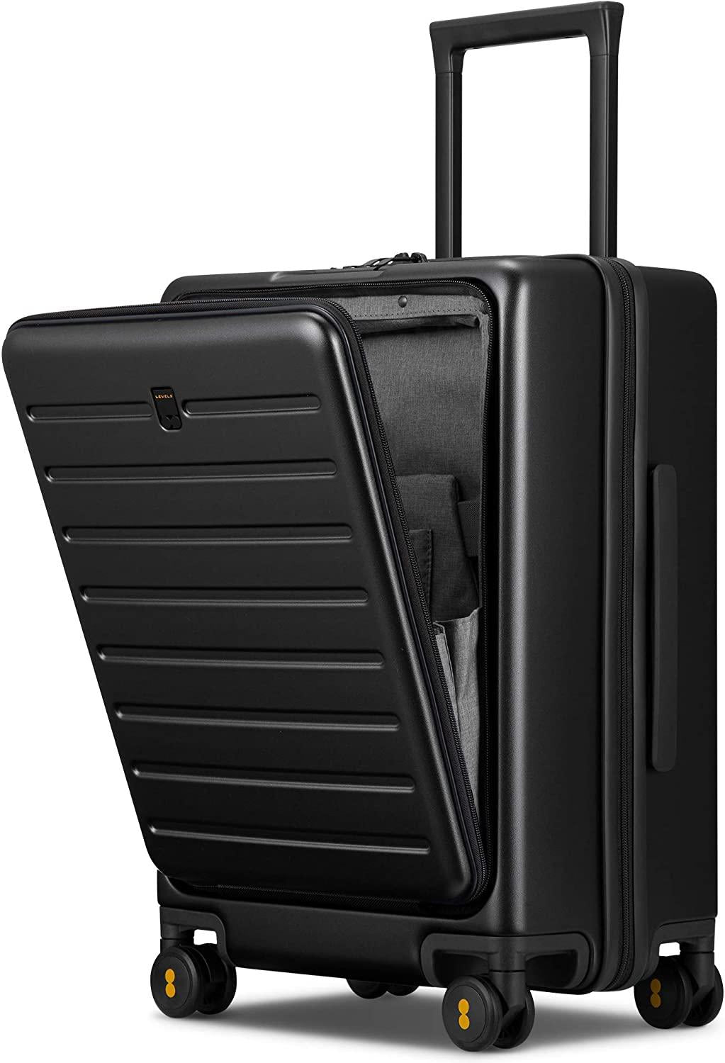 Road Runner Carry On Luggage, 20-Inch Lightweight PC Hardside Suitcase, Spinner Luggage with Front Pocket, Double TSA Locks - Black