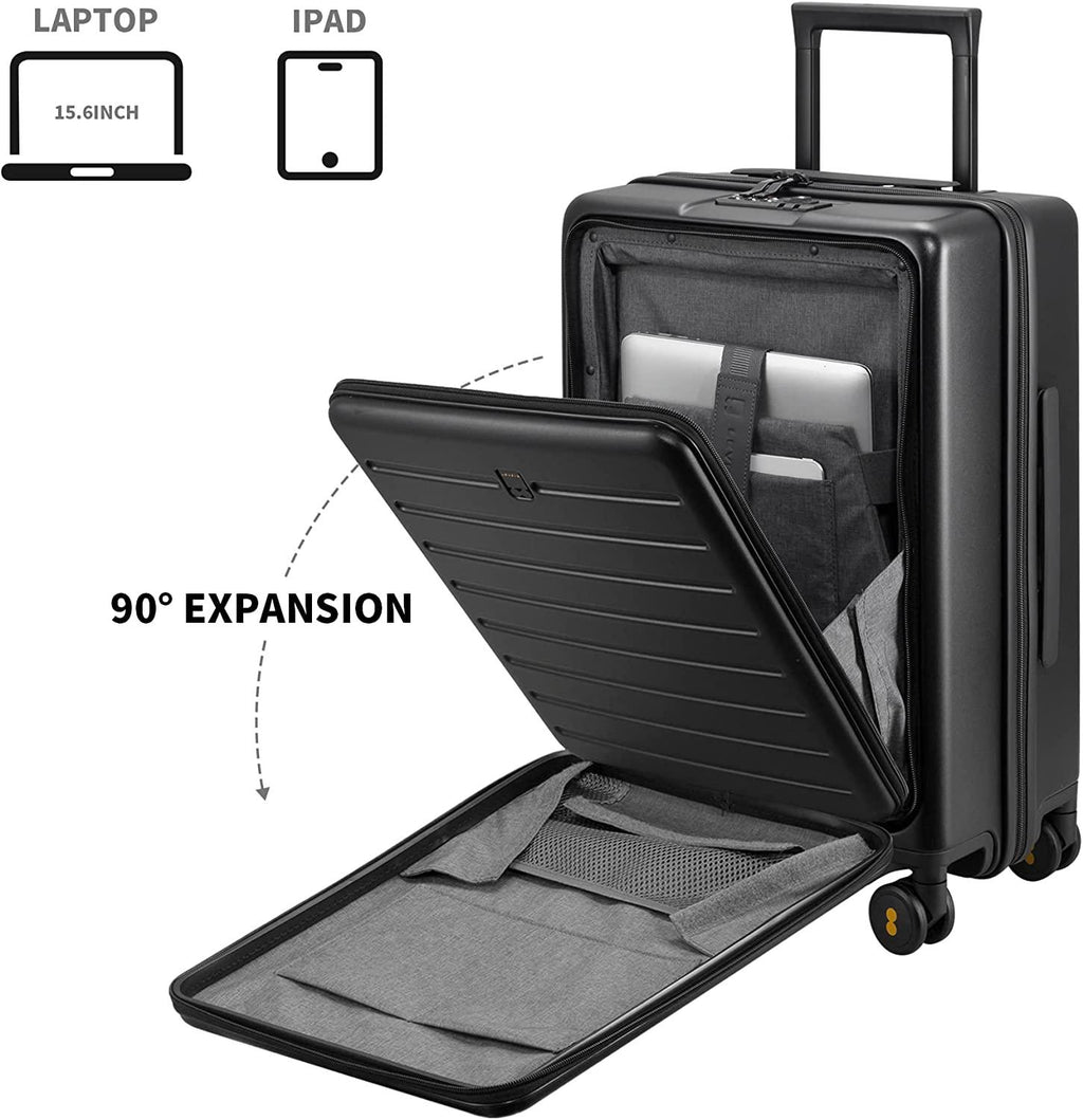 Road Runner Carry On Luggage, 20-Inch Lightweight PC Hardside Suitcase, Spinner Luggage with Front Pocket, Double TSA Locks - Black