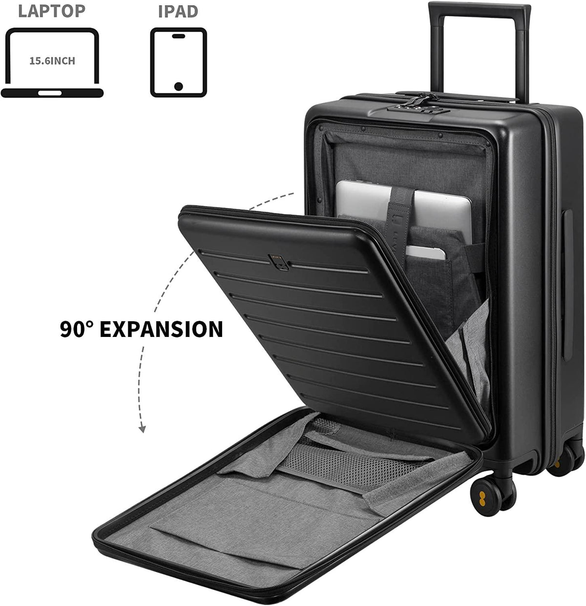 Road Runner Carry On Luggage, 20-Inch Lightweight PC Hardside Suitcase, Spinner Luggage with Front Pocket, Double TSA Locks - Black